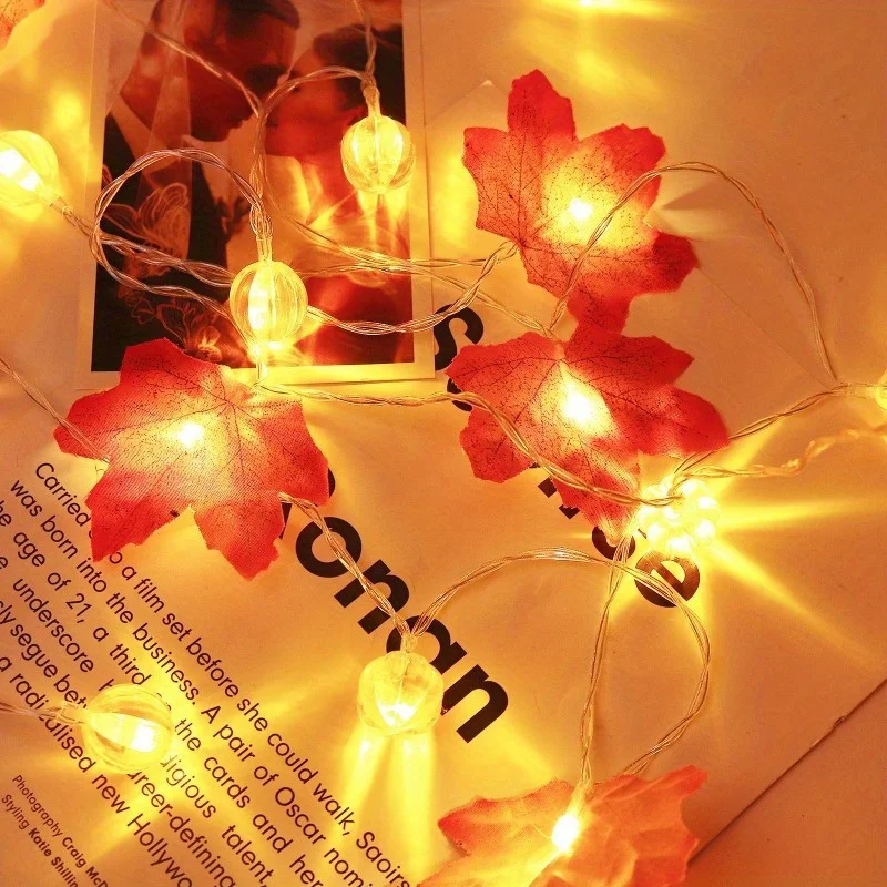 1pc, 10/20LED Thanksgiving Halloween Maple Leaf Pumpkin Decorative Light, Battery Powered, Fairy String Decorative Light String