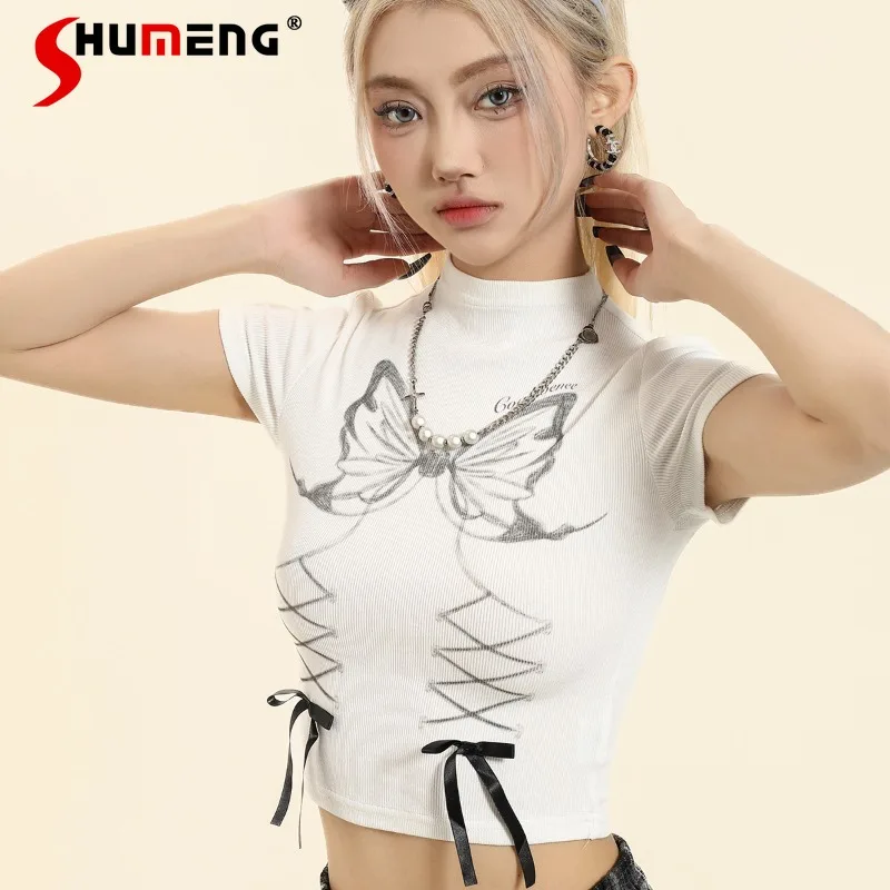 

Butterfly Design Turtleneck Gray White American Short-Sleeved T-shirts Sweet Cute Beautiful Slimming Youthful-Looking Top Female