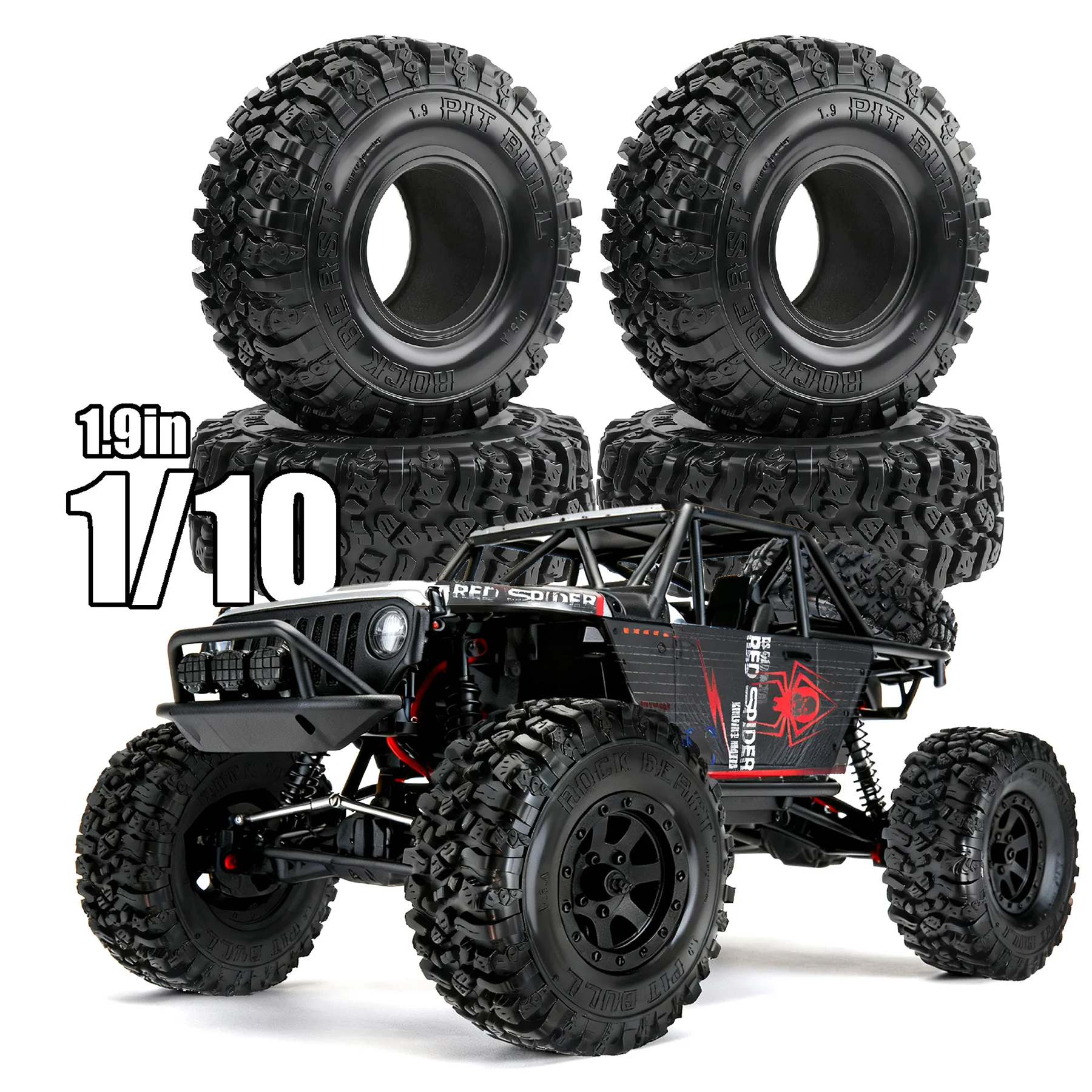 

RS Red Spider 1/10 Rock Crawler Tires, 1.9-inch - Compatible with WLtoys SCX10, MJX D90, Huangbo, Puppy Tires R431