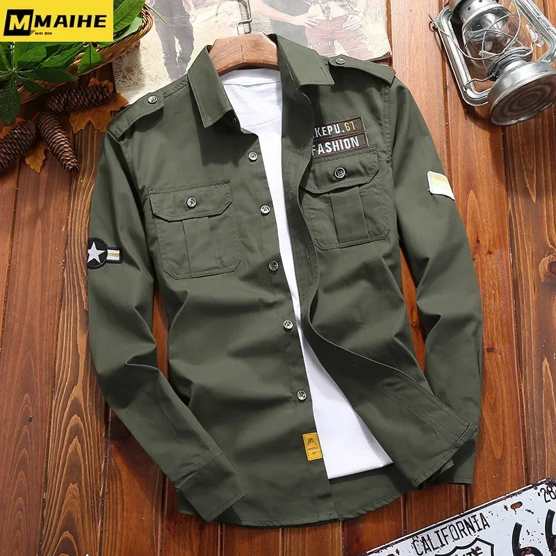 Men\'s Shirts unload Cotton Shirt Khaki Casual Retro Slim Fit with Pocket Long Sleeve Vintage Jacket Streetwear Drop Shipping