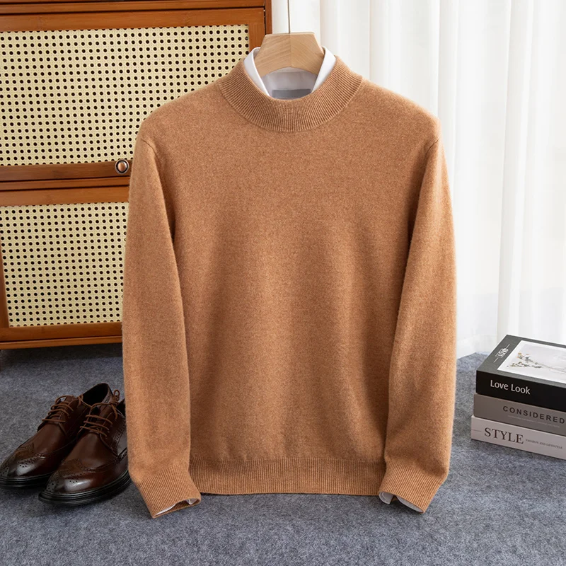 New Fashion Men\'s 100% Wool Pullover Half-high Collar Sweater Autumn Winter Warm Solid Color Knit Sweater Business Casual Top