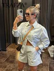 TRAFZA 2024 Woman Blouses Suits Jewelry Decorative Single Breasted Lapel Shirt Top + Pockets Elastic Waist Casual Women's Shorts