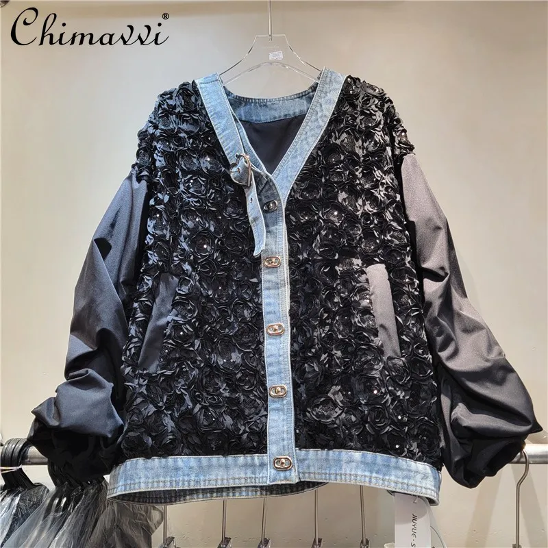 

2025 Three-dimensional Flower Splicing Loose European Station Heavy Industry Bright Diamond V-neck Cardigan Denim Jacket Women