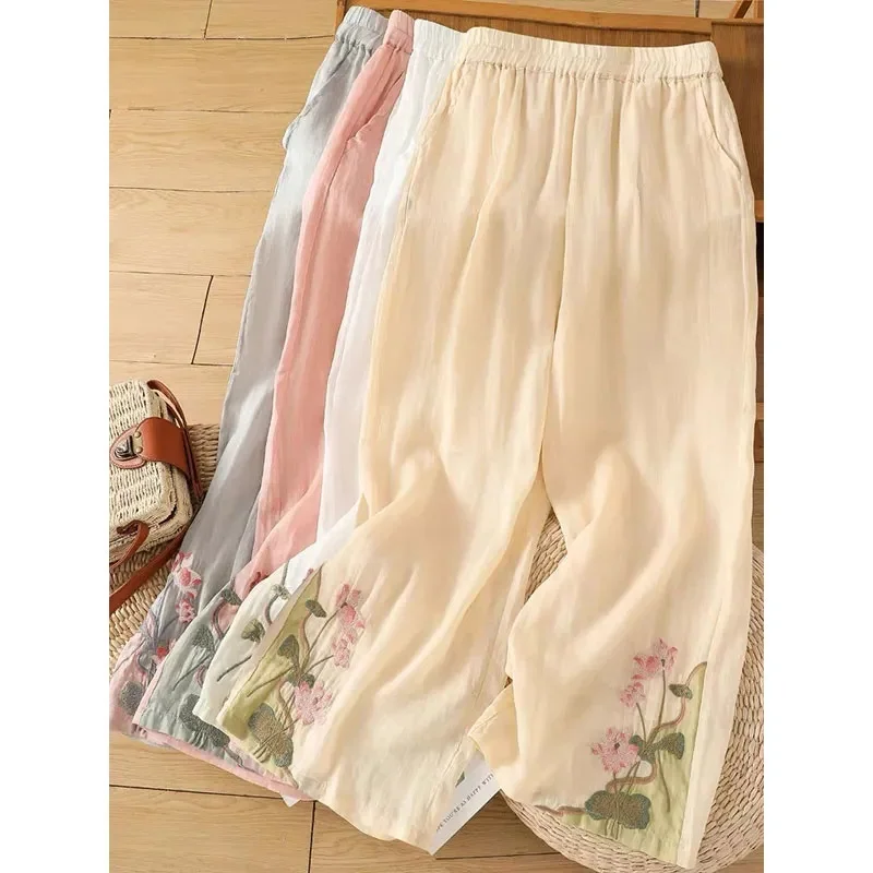 

Retro Lady Large Size 4XL Pantalons Spring Summer Female High Waist Thin Trousers Korean Women Loose Embroidery Wide Leg Pants
