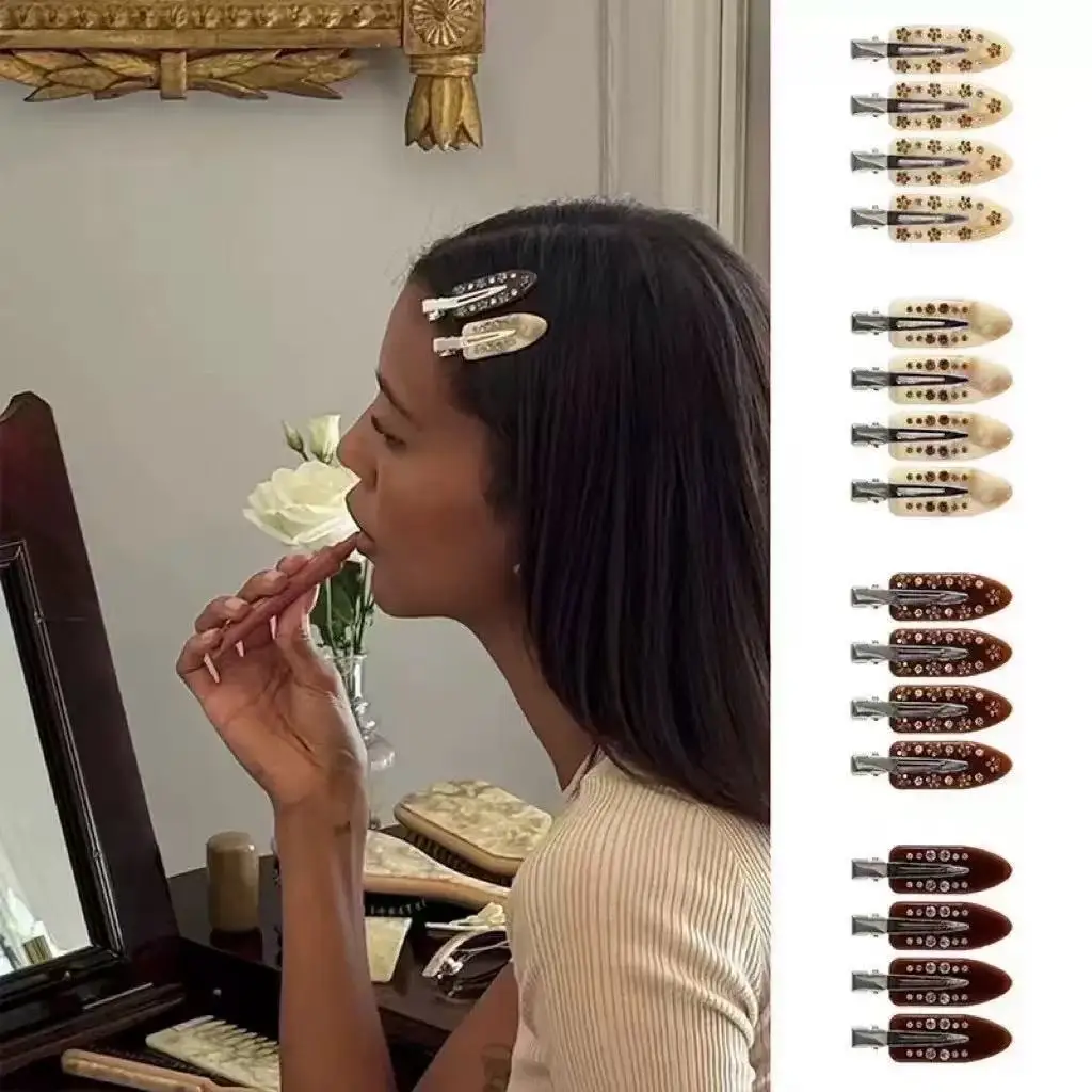 

French Elegant Rhinestone Hair Clip Women Girls Acetate Hair Clip Seamless Solid Color Diamond Duckbill Side Clips Styling Tools