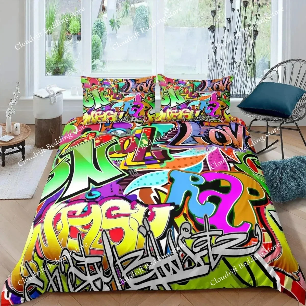 

Hippie Graffiti King Queen Duvet Cover Hip Hop Bedding Set for Kids Teens Adults Wall Urban Street Art Polyester Quilt Cover