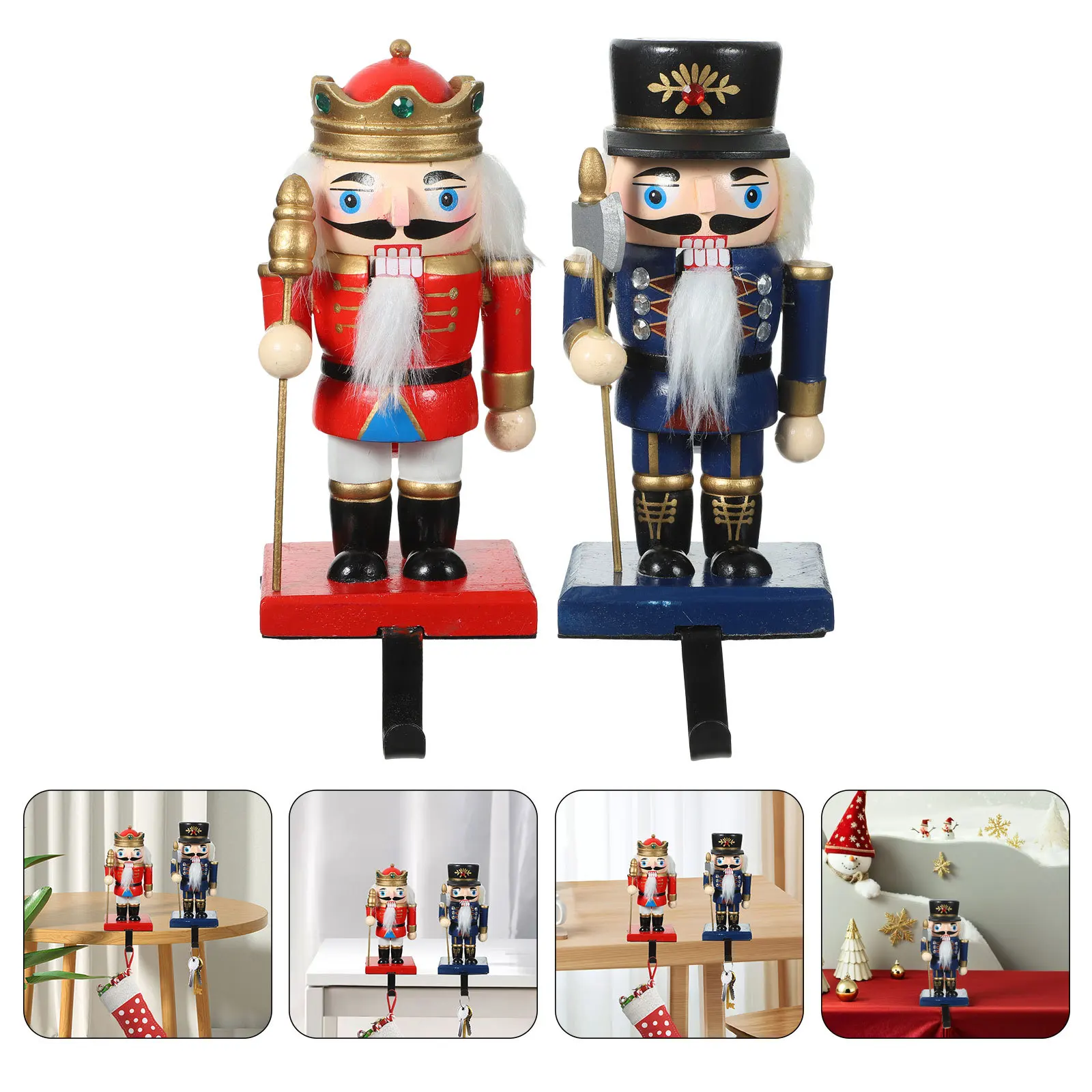 

2Pcs Nutcracker Christmas Stocking Holders Festive Mantle Fireplace Hooks Xmas Party Decoration Wood Metal Xmas Fireplace Hook