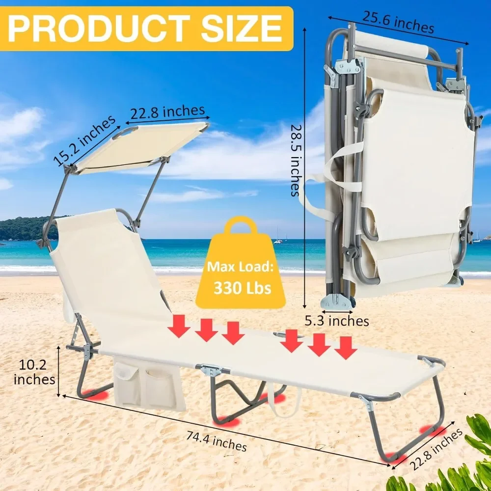 

2 Pcs Foldable Beach Lounge Chair With 360° Canopy Sunshade Folding Camping Chairs Side Pocket Chaises De Plage Playa Fishing