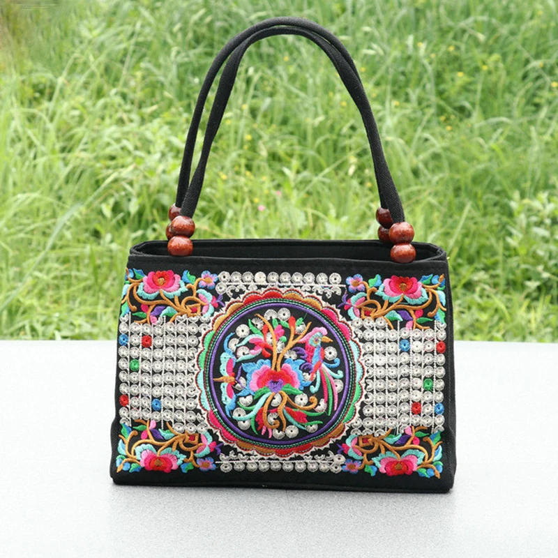 Ethnic Style Double-sided Embroidered Double-layer Bag Canvas Bag Embroidered Middle-aged And Elderly Women Handbag Square Bag