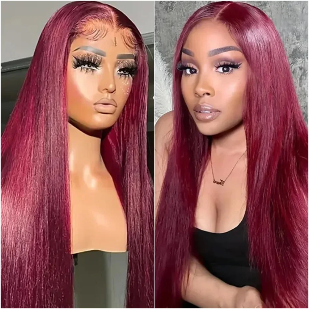 

30 40 Inches Burgundy Straight 13x4 HD Lace Frontal Human Hair Wig Red Colored 13x6 Transparent Lace Wigs for Women 220% Density