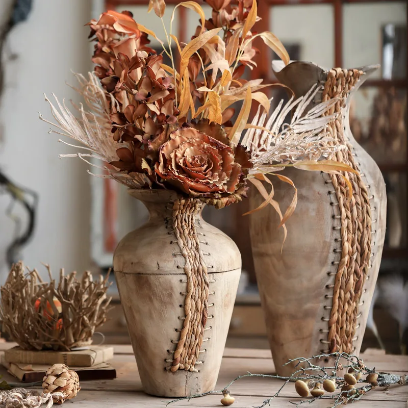 Decorative Vase Wabi Sabi Retro Wooden Vase Handwoven Straw Home Desktop Ornament For Living Room Tabletop Home Decoration Use