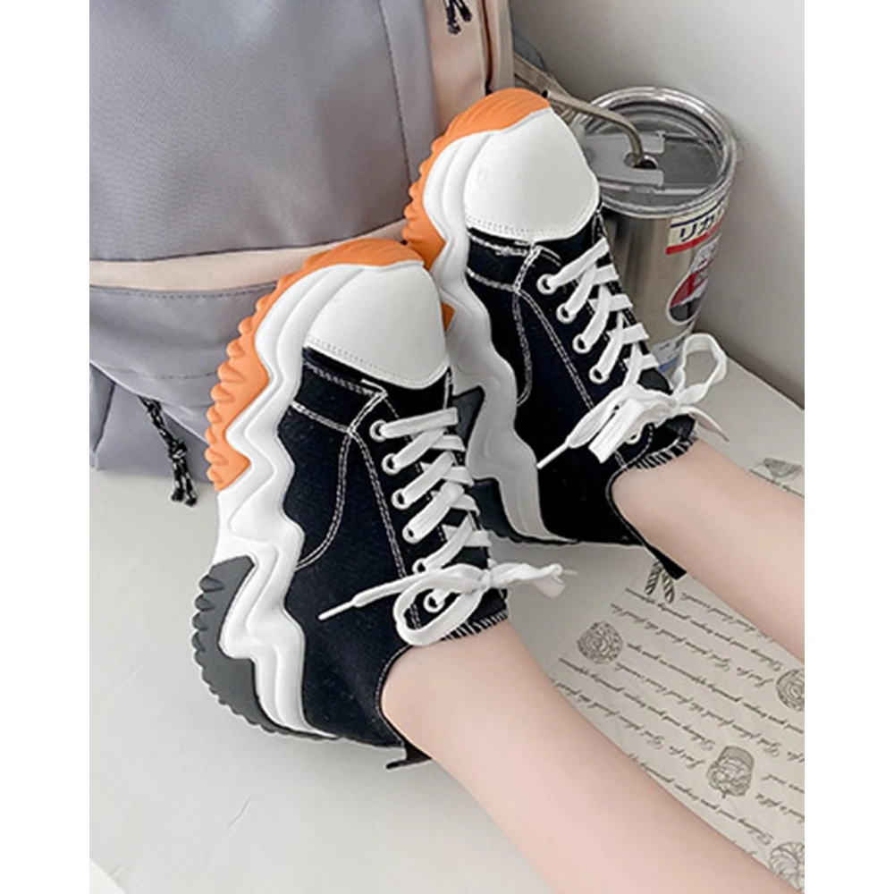 Women Canvas Round Toe Platform High-top Sneakers Autumn Women Casual Daily Sports Shoes Korean Style Canvas Shoes Spring Autumn