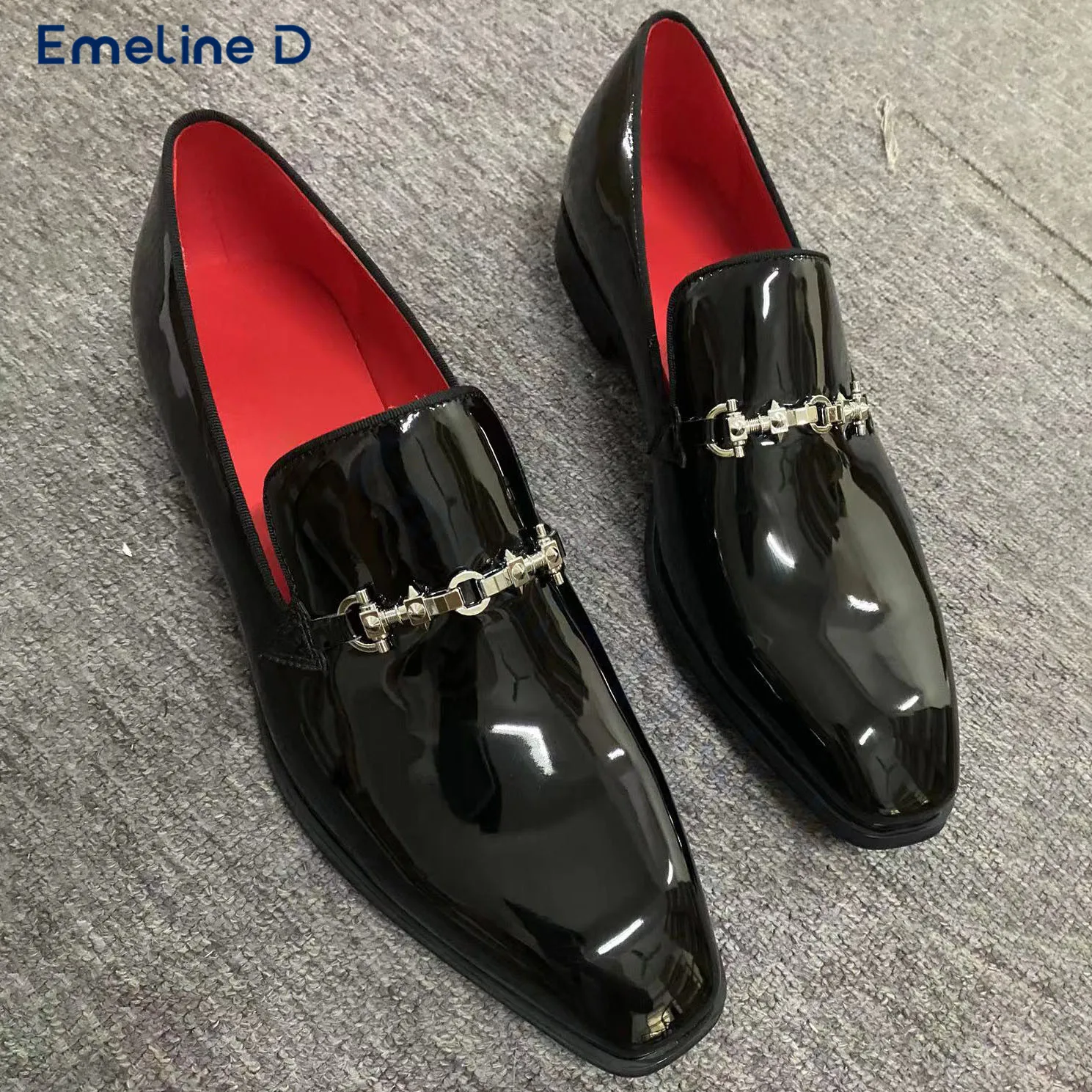 Black Patent Leather Slip-On Loafers with Hardware Chain Decoration Business Leather Shoes Personality Casual Large Size Shoes