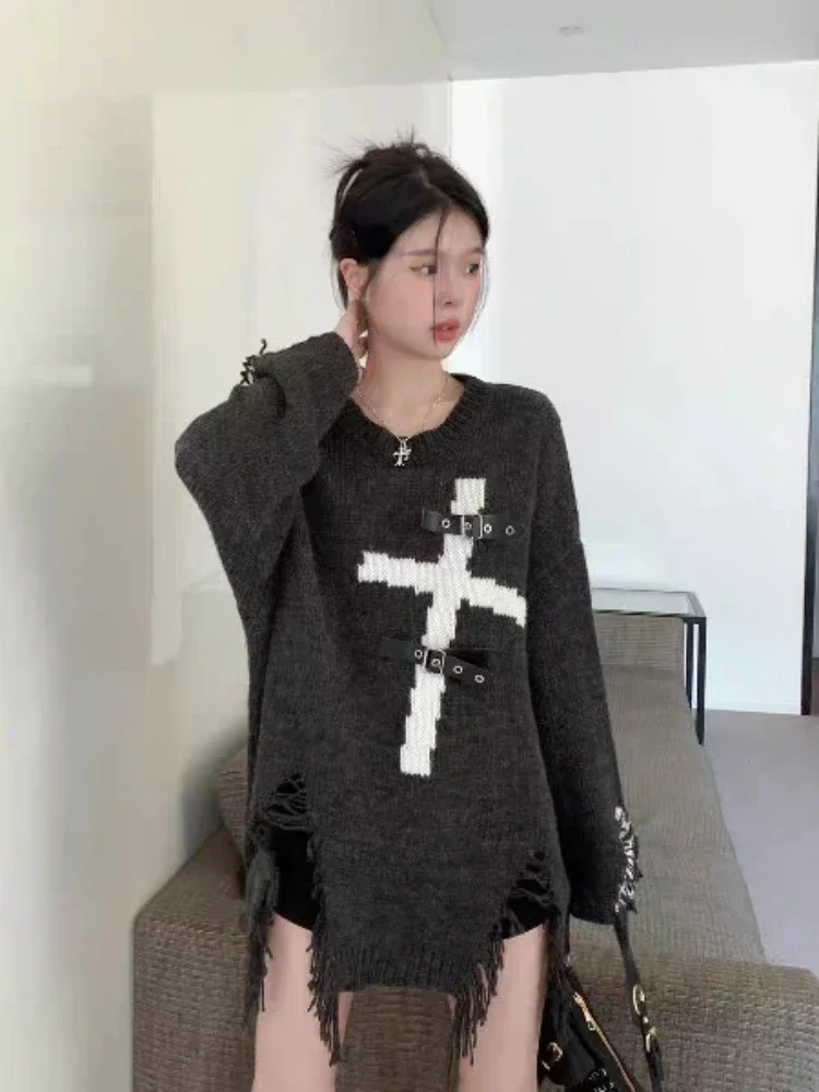 Gothic Black Sweater Women Ripped Cross Print Aesthetic Grunge Top Casual Loose Streetwear Pullover Y2k Streetwear Sueter Jumper