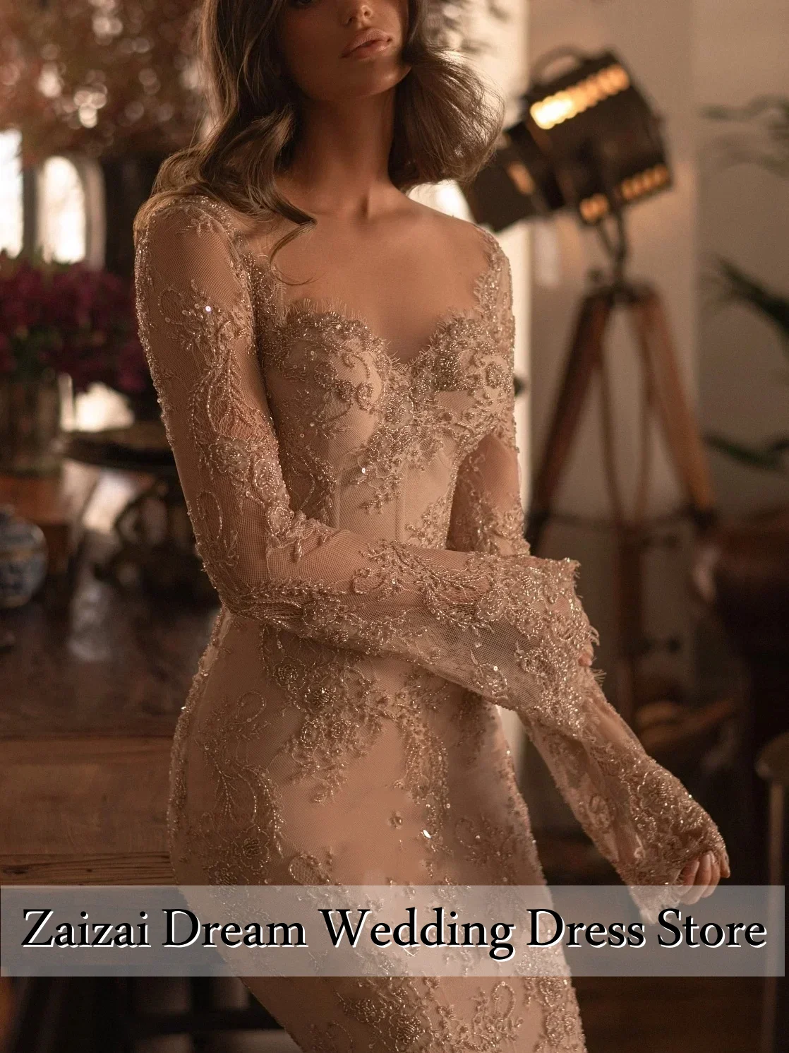 Customized Vintage Lace Champagne Mermaid Wedding Dresses for Women Sheer Long Sleeves Beading Bridal Gowns  Vestidos De Novia