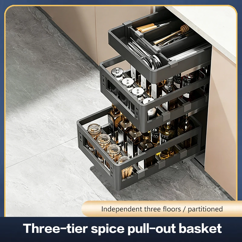 

Stainless Steel 304 Bottom 3 Tier Drawer Spice Rack For Kitchen Cabinet Pull Out Sliding Space Saving Organizer Extra Wide