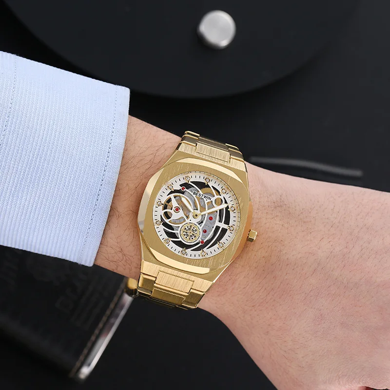 Men's Luxury Hollow Out Watch with Transparent Case Back Steel Strap Butterfly Clasp Precise Quartz Movement for Fashion Forward