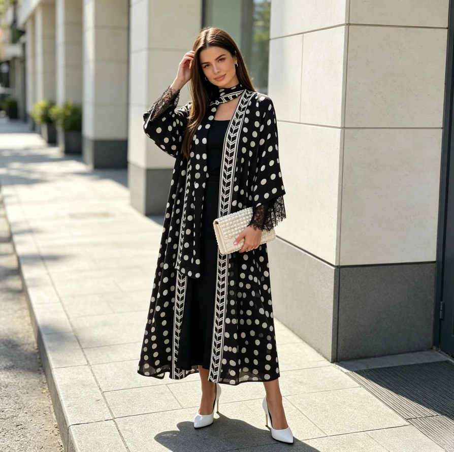 여성 2피스 세트 물방울 무늬 이드 아바야 스카프 무슬 - Women Accessories Dubai 리뷰 및 가격