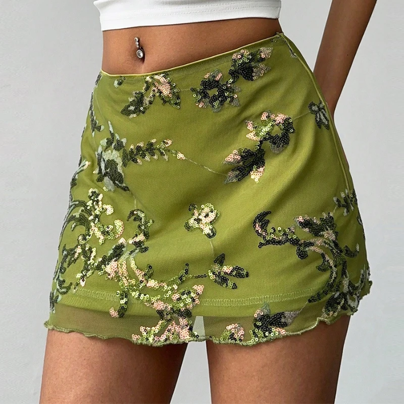 

Европейская мини-юбка в уличном стиле, облегающая, с бисером и цветочной вышивкой, сетчатая, для офиса, весна-лето 2026, А-силуэт