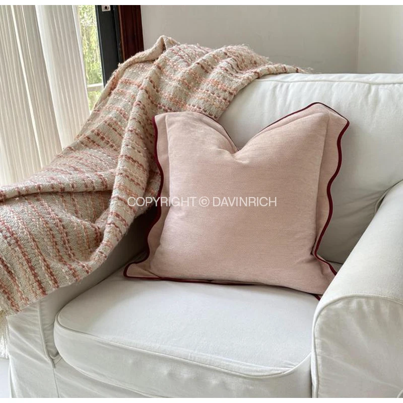 DAVINRICH Dusky Pink Scalloped Throw Pillow Cover Luxury Textured Double Stitch Square Cushion Case For Girls Kids Room Boudoir