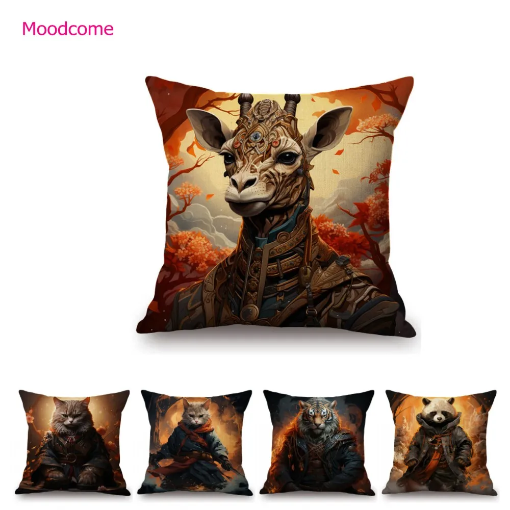 Science Fiction Animals Art Giraffe Goat Racoon Cat Bunny Elephant Dog Warrior Solider Fun Linen Cushion Cover Decor Pillow Case