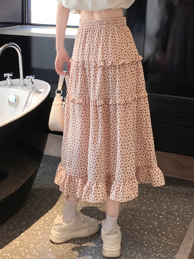 Lolita Floral Pink Skirt Women Mid Long Skirt 2023 Teen Girls Cute High Waisted High Low Ruched Ruffle Skirt falda plisada