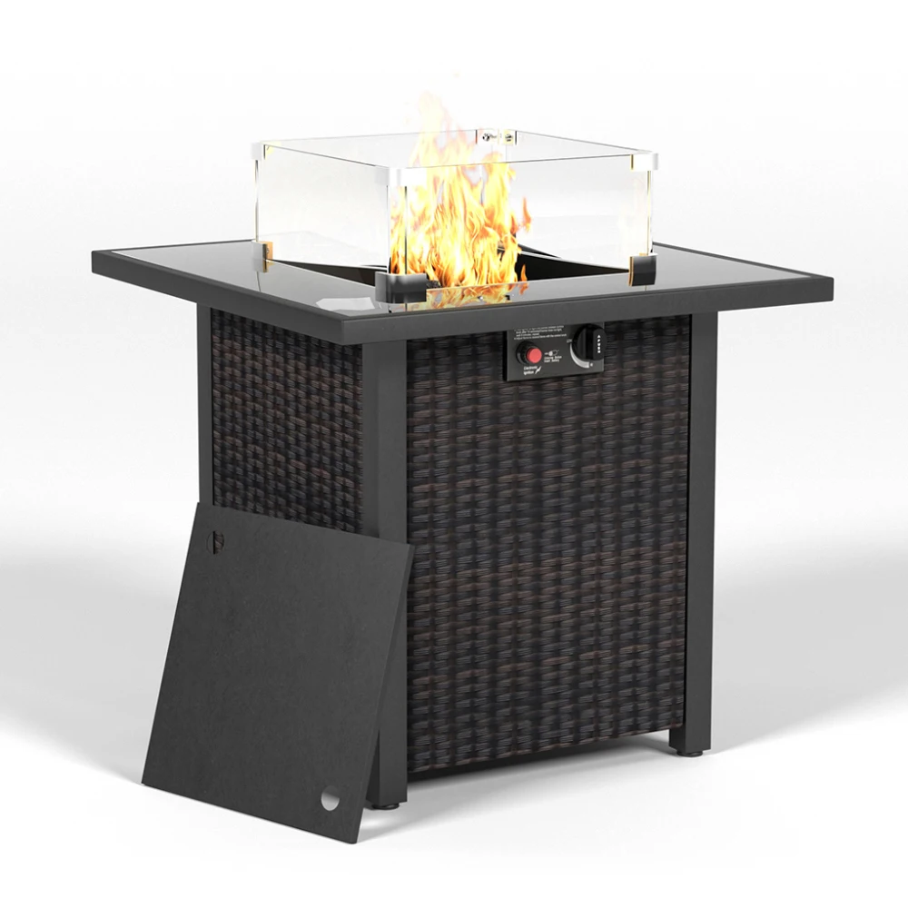 28 Inch Propane Fire Pit Table, Rattan & Wicker-Look, 50000 BTU Gas Firepits Tempered Glass Tabletop with Glass Windscreen