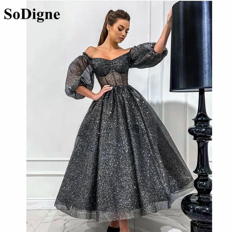 

SoDigne Shiny Glitter Black Prom Dresses Off The Shoulder Short Sleeves Women Formal Prom Gowns Tea-Length Wedding Party Dress