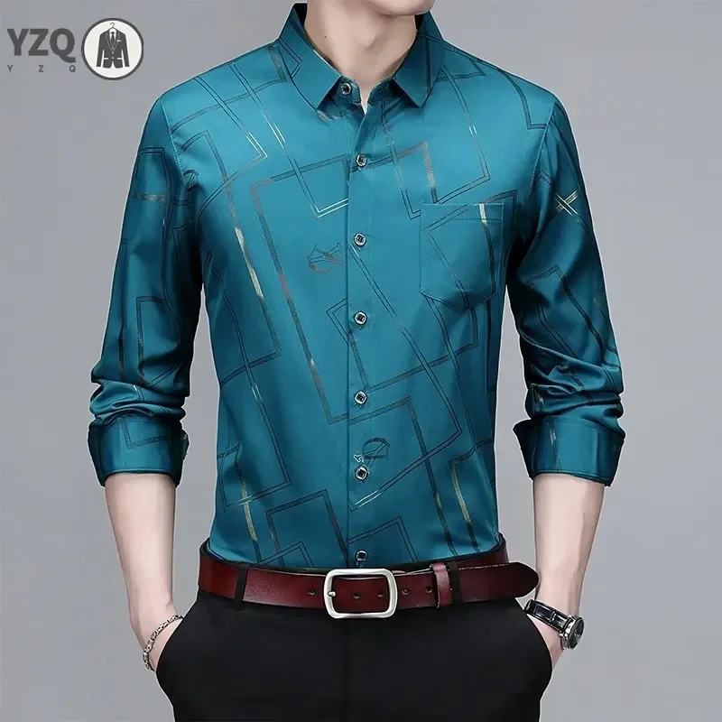Men's Casual and Fashionable Long Sleeved Printed Shirt Non Ironing and Wrinkle Resistant Business Top