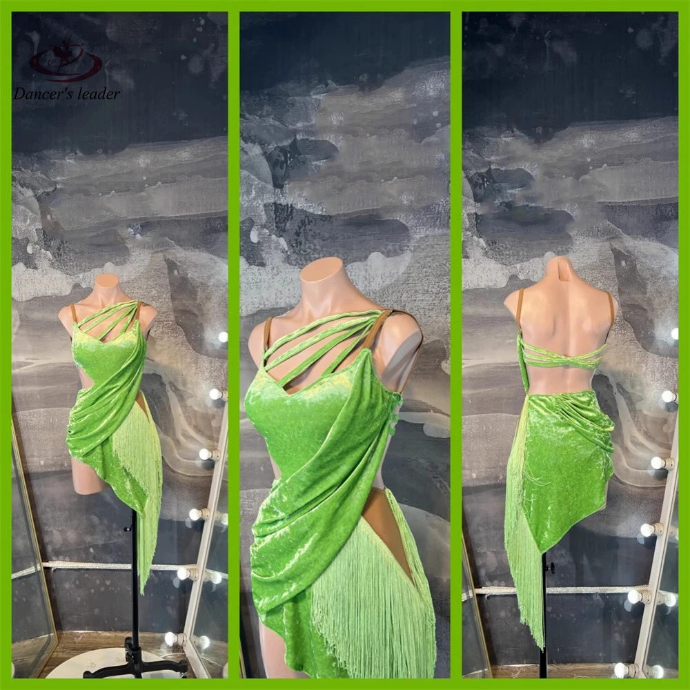 Concours de danse latine, vêtements pour femmes, Costume d'examen d'art en velours vert haut de gamme, robe de spectacle Cha Samba
