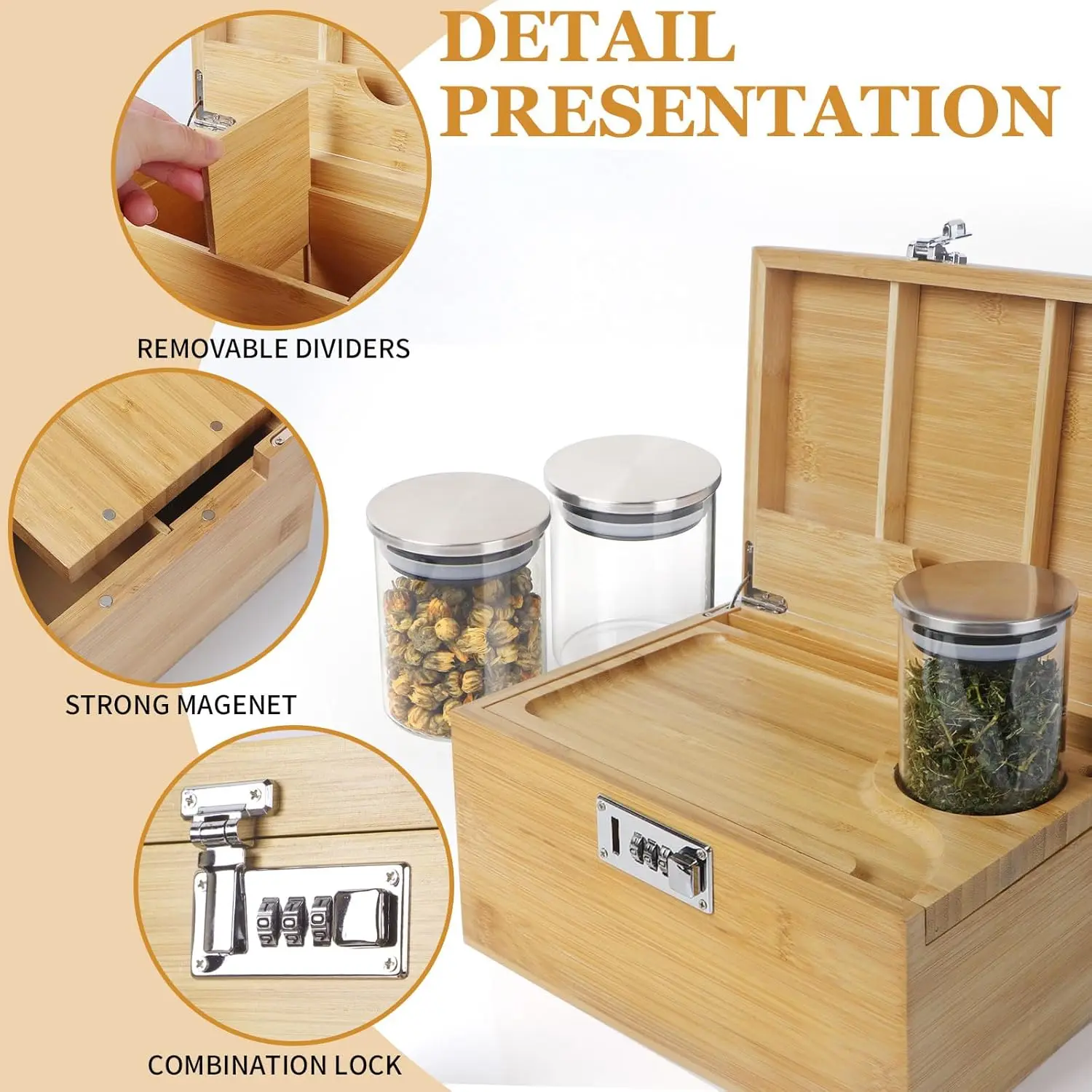 Large Storage Box with Removable Slide-Out Tray,Bamboo Decorative Box with Removable Compartment ,3-Pack Glass Jars