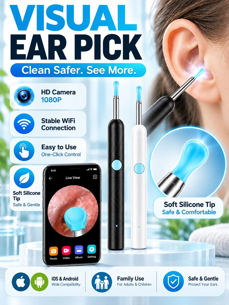 Smart Visual Ear Cleaner 1080P Ear Sticks Otoscope USB C Charging Endoscope Wax Removal Tool Earpick Camera