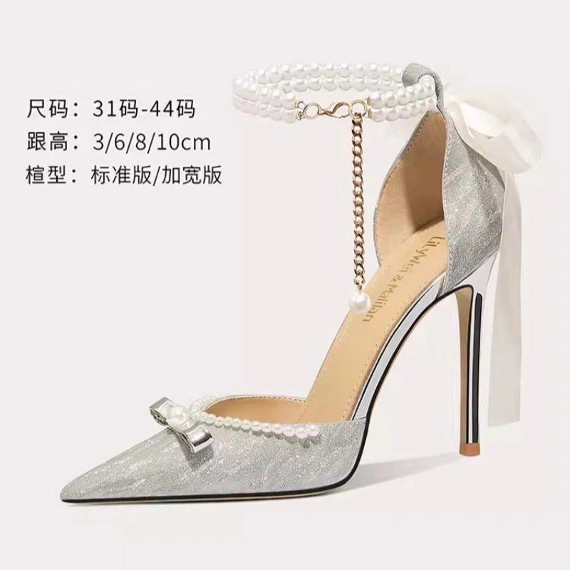 Spring/Summer New Pointed Shining Pearl Bow Low Heel Wedding Shoes Thin High Heels Banquet Large and Small Size Women's Sandals