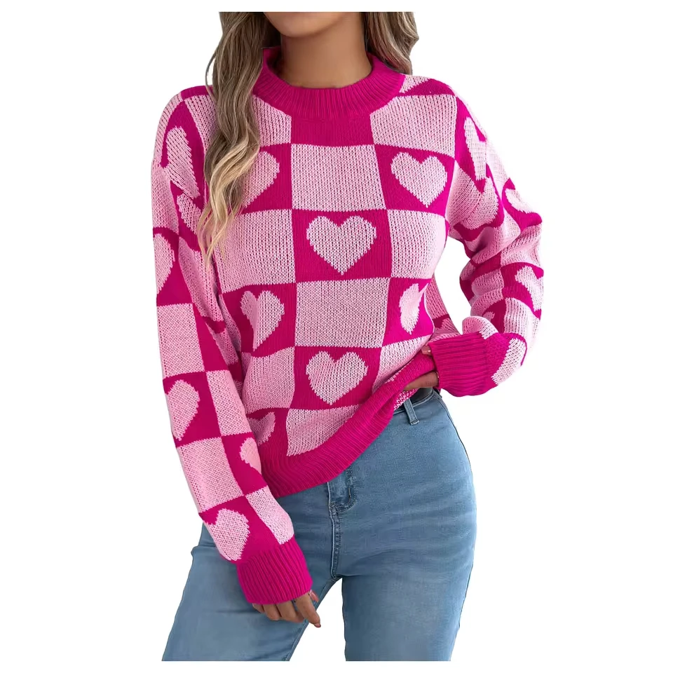 

Women Casual Leopard Print Knitted Pullover Sweaters Long Sleeve Crew Neck Cute Hearts Knitted Fashion Jacquard Long Sleeve Top