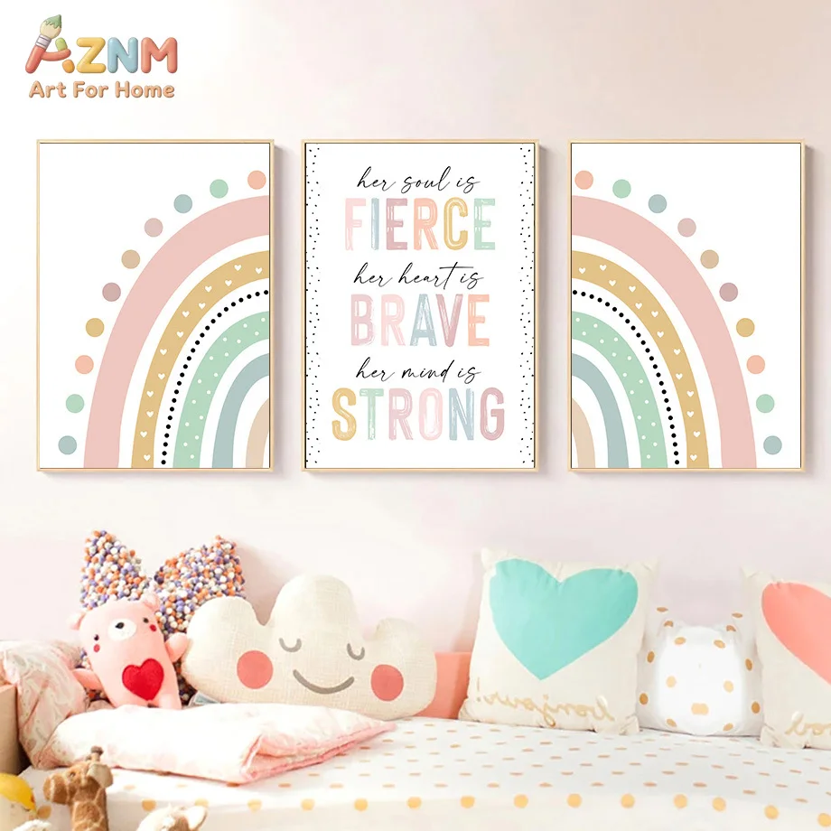 AZNM Boho Pastel Rainbow Mountain Sun Canvas Print Positive Affirmation Kids Inspirational Quote Minimalist Wall Poster Unframed