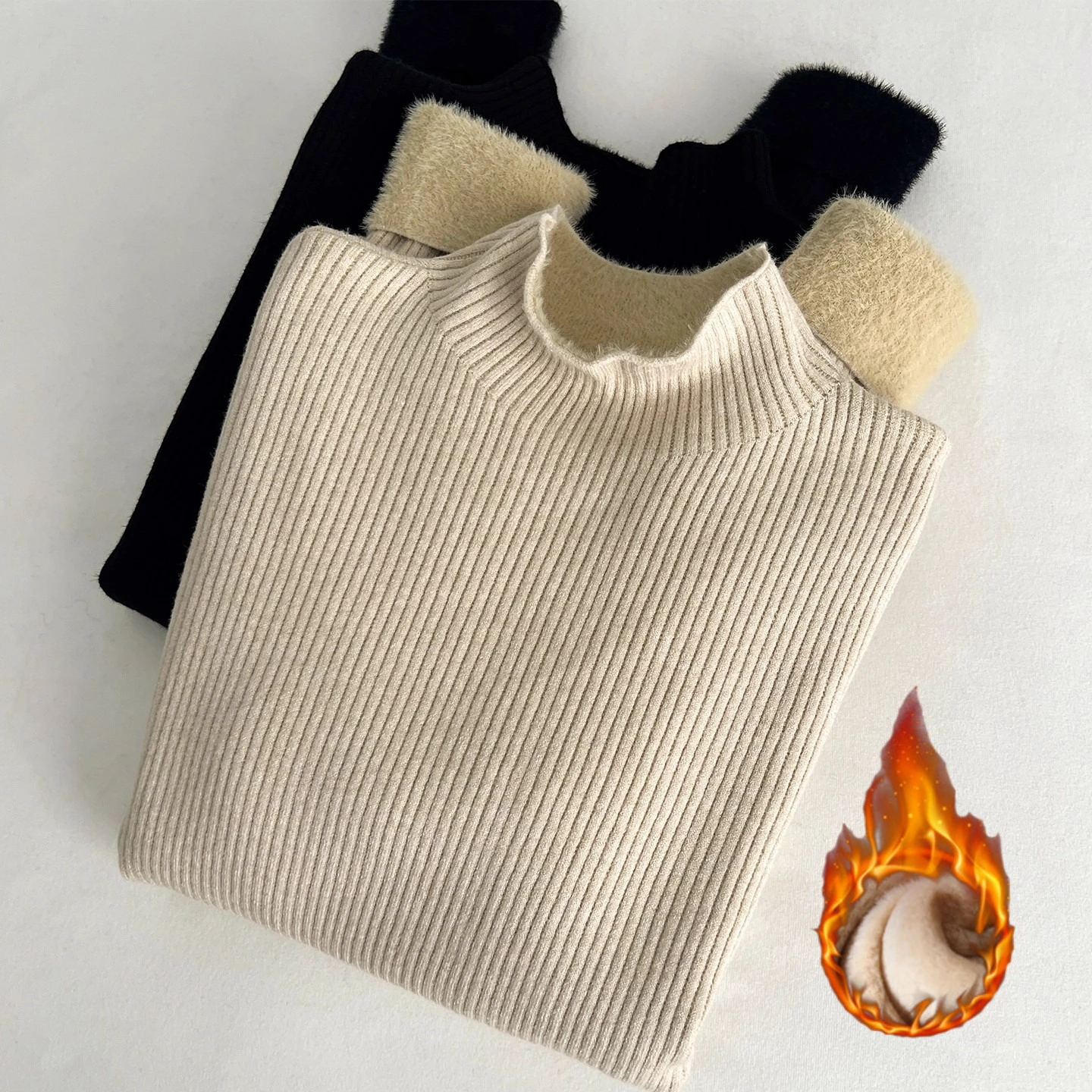 Pull polaire intégré Chic à col montant, tricot chaud et épais, manches longues, automne-hiver, Style coréen, couche de Base Simple, haut