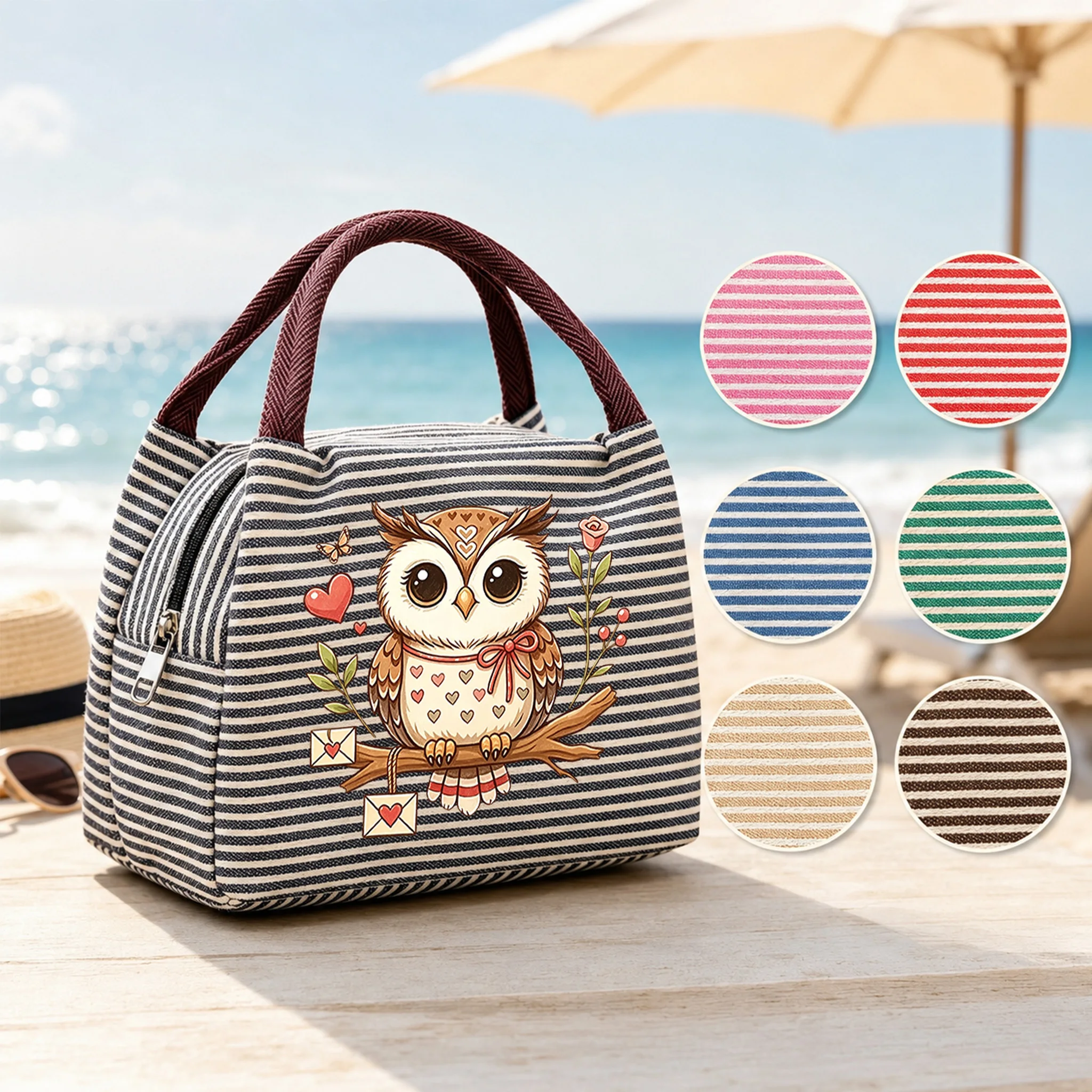 Women'S Handbag Small Retro Owl Floral Print Striped Handbag Lunch Storage, Home Toiletries, Commuting Bag