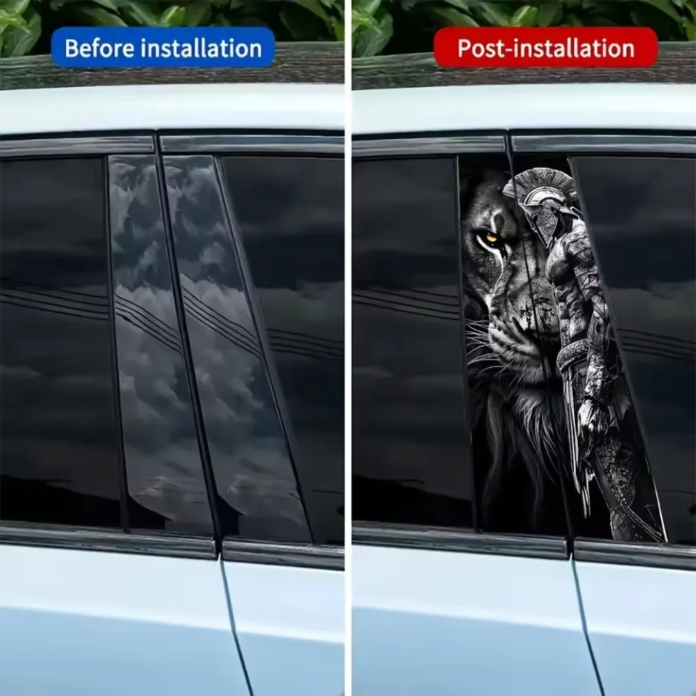 Two-piece golden lion warrior car B-pillar vinyl stickers, water-resistant, sun-proof and scratch-resistant