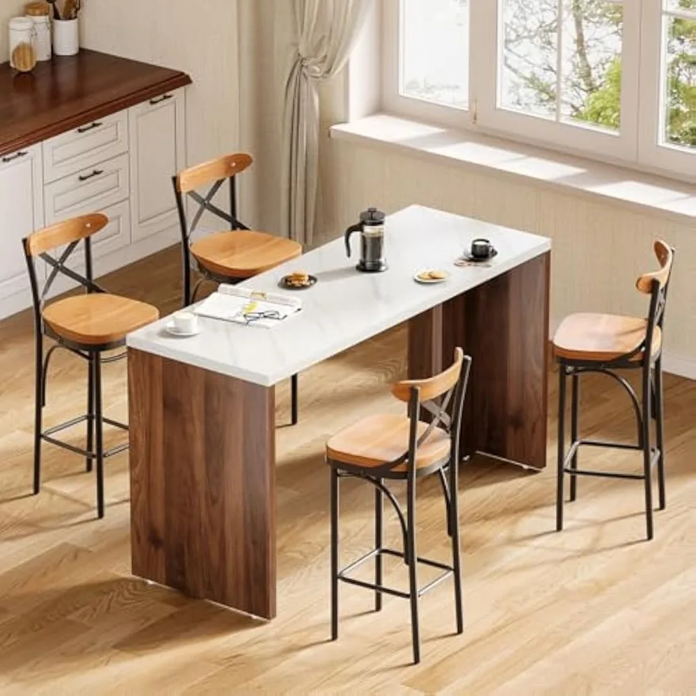 Home Bar Table, 55-Inch Long Counter Height Pub Table with a Faux Marble Finished Tabletop, Narrow Rectangular Indoor Bar Unit