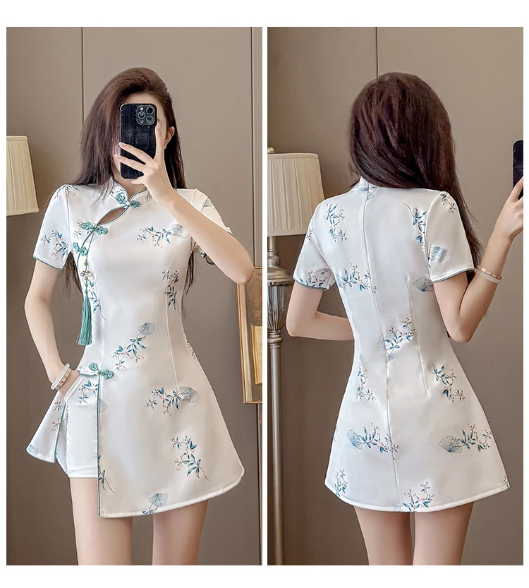 Spring 2026 New Chinese Style Floral Cheongsam Set - Elegant 2-Piece Qipao Dress with Shorts
