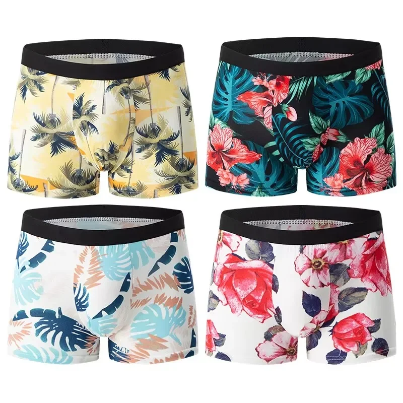 4Pcs Men's Fashionable and Charming Flower Underwear Comfortable and Breathable Crotch Boxers Teenagers Plus Size Underwear