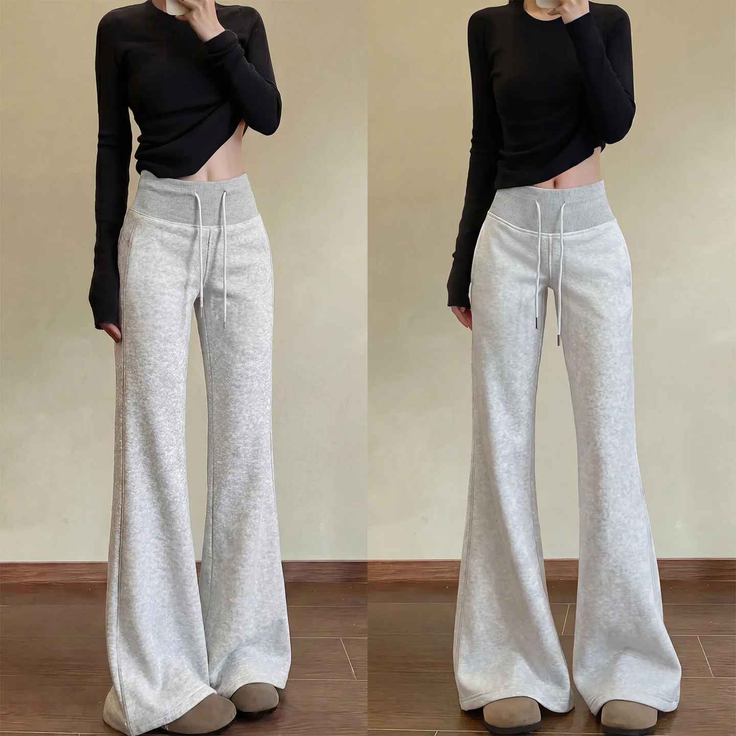 Grey American Style Retro Flared Sweatpants Women's Spring New High Waist Casual Slimming Sports Bell Bottoms 썸네일 4