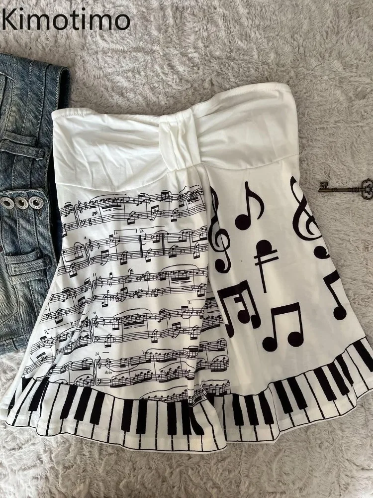 Kimotimo Vintage Piano Key Sheet Music Print Strapless Bow Vest Women 2026 Summer Y2k Aesthetic Tanks Sweet Slim Harajuku Tops