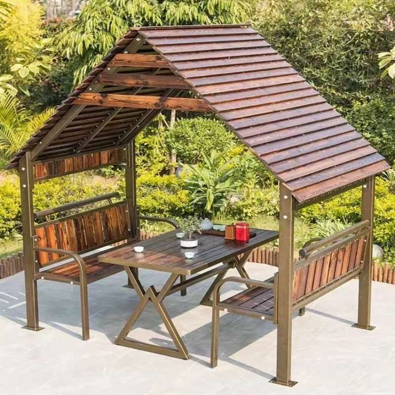 

Cabin Preservative Wood Pavilion Outdoor Shading Courtyard Garden Outdoor Wrought Iron Mobile Assembly Carbonized Wood Leisure P