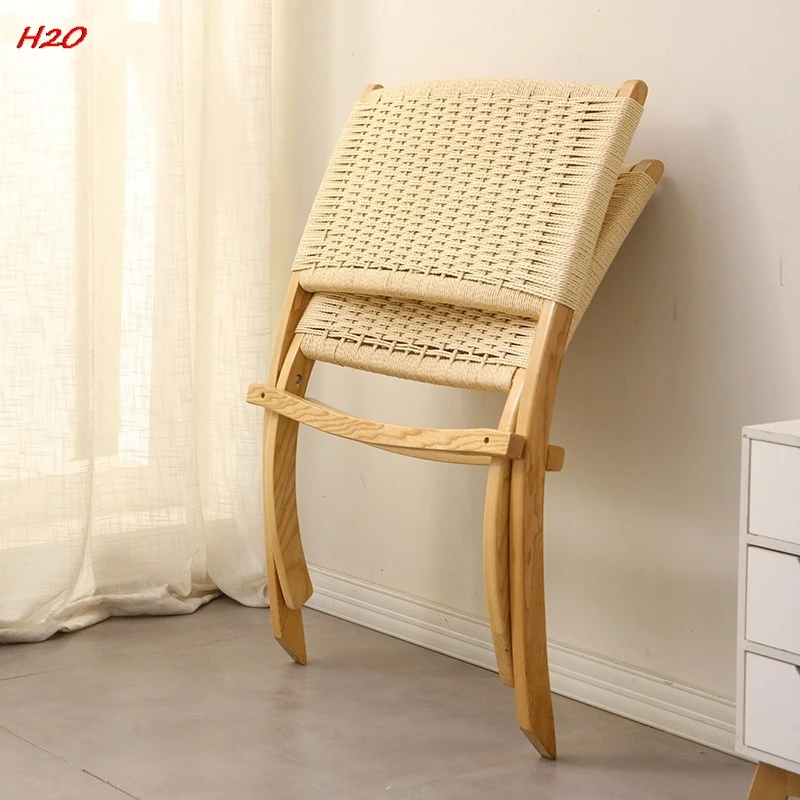 Scandinavian Ash Wood Beach Chair Solid Wood Rope Chair Saddle Leather Net Red Folding Chair Balcony Outdoor Leisure Rope Chair