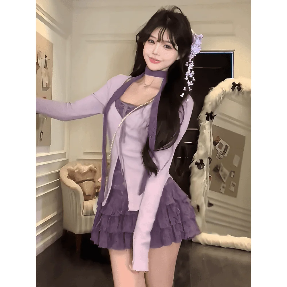 

Комплект Pure Desire Spicy Girl: фиолетовый вязаный костюм из дышащего полиэстера для женщин, весна-осень, облегающий, с юбкой-каре