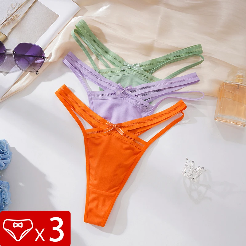 3pcs Sexy Ladies G-string Low Waist Hollow Out Intimate Lingerie Solid  Women Thongs  Comfortable Breathable Female Panties