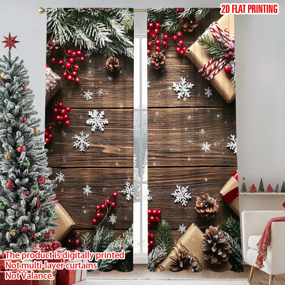 

2pcs 2D flat printing Christmas Window Drapes With snowflakes_ pine branches and cranberries Machine Washable Polyester Without
