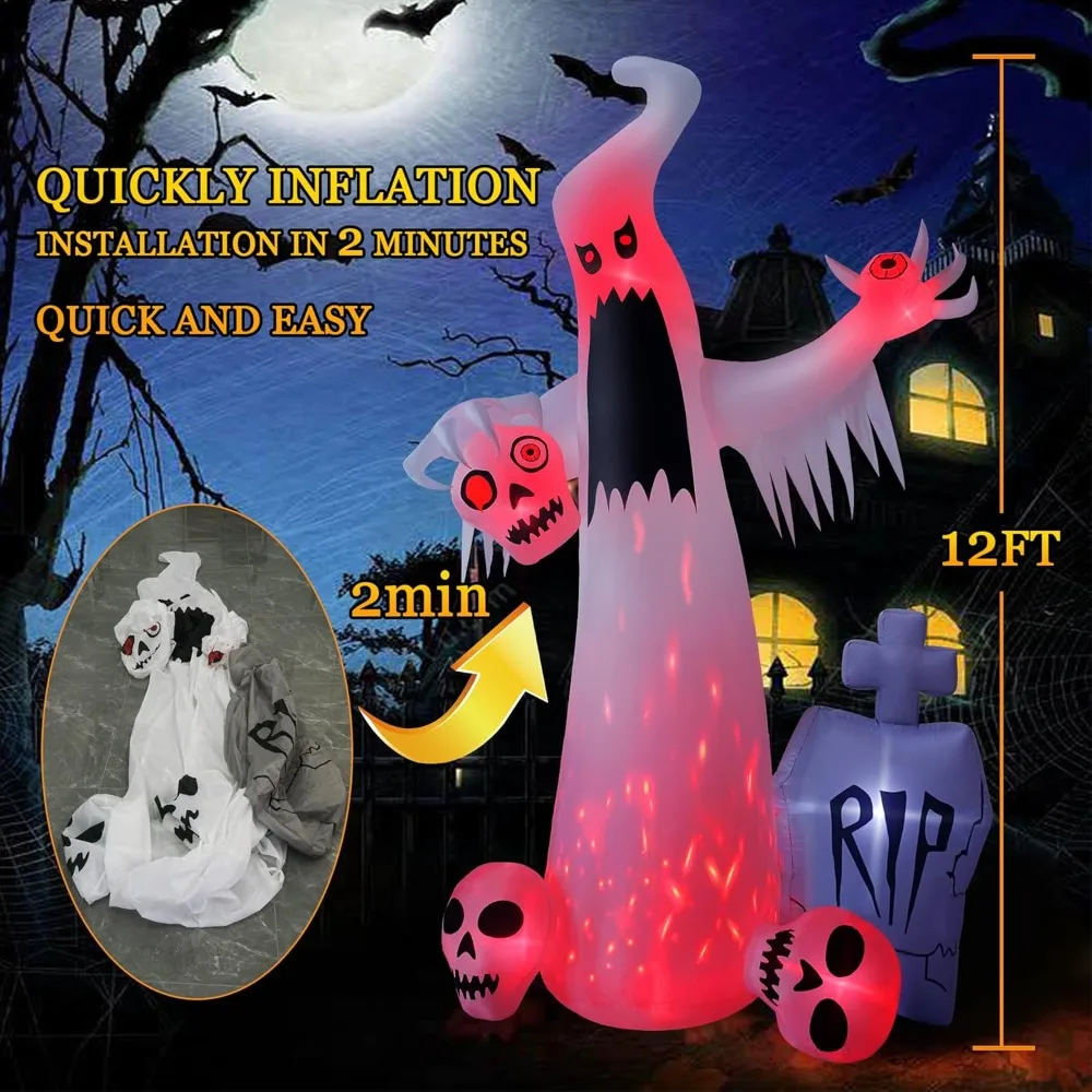 12 FT Halloween Inflatables Outdoor Halloween White Ghost with 3 Skull Heads Bleeding Eyeball Tombstone Halloween Decorations