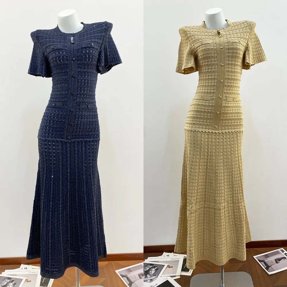 CHUJIE 2026 Spring New Heavy Craft Rhinestone Hollow Out Shiny Silk Multi-Pocket Slim Fit Round Neck Knited Long Dress